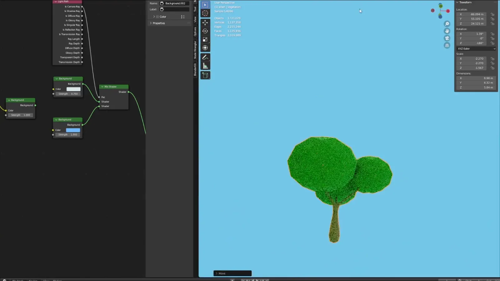 A 3D authoring screen: a node graph on the left, a low-poly tree rendered against a flat blue background on the right.