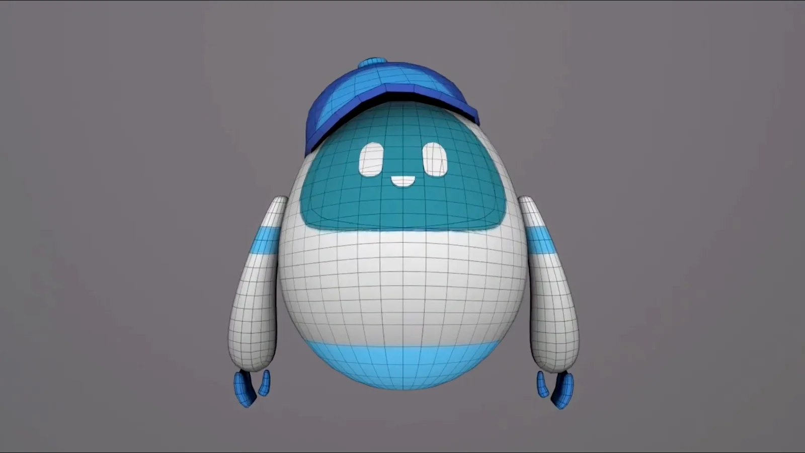 The site’s avatar: a rounded white and blue robot in a cap, shown as a 3D model with its wireframe topology visible.