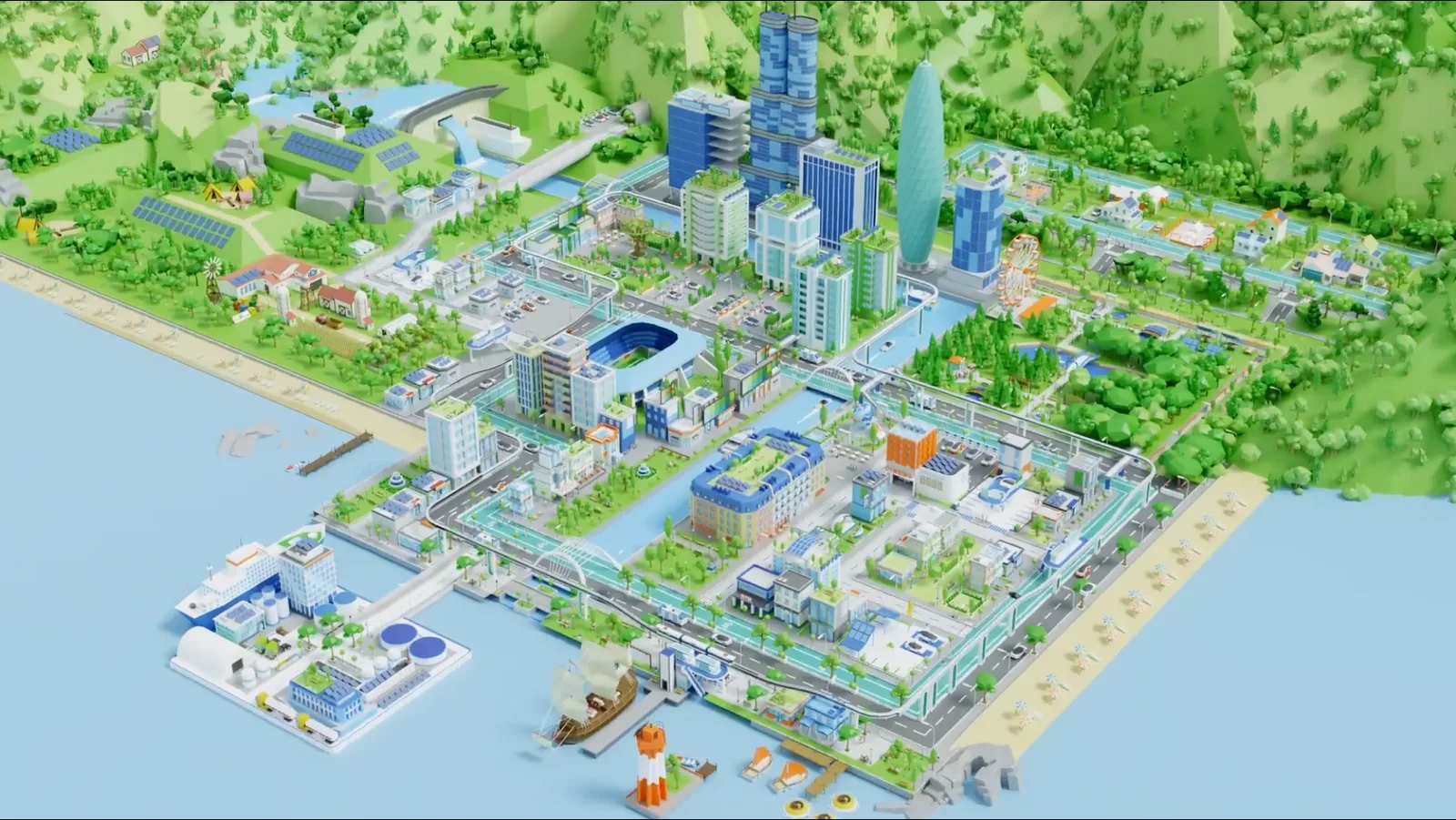 Isometric 3D map of the whole low-poly city, with sea, hills, solar parks and hotspot pins over the quarters.