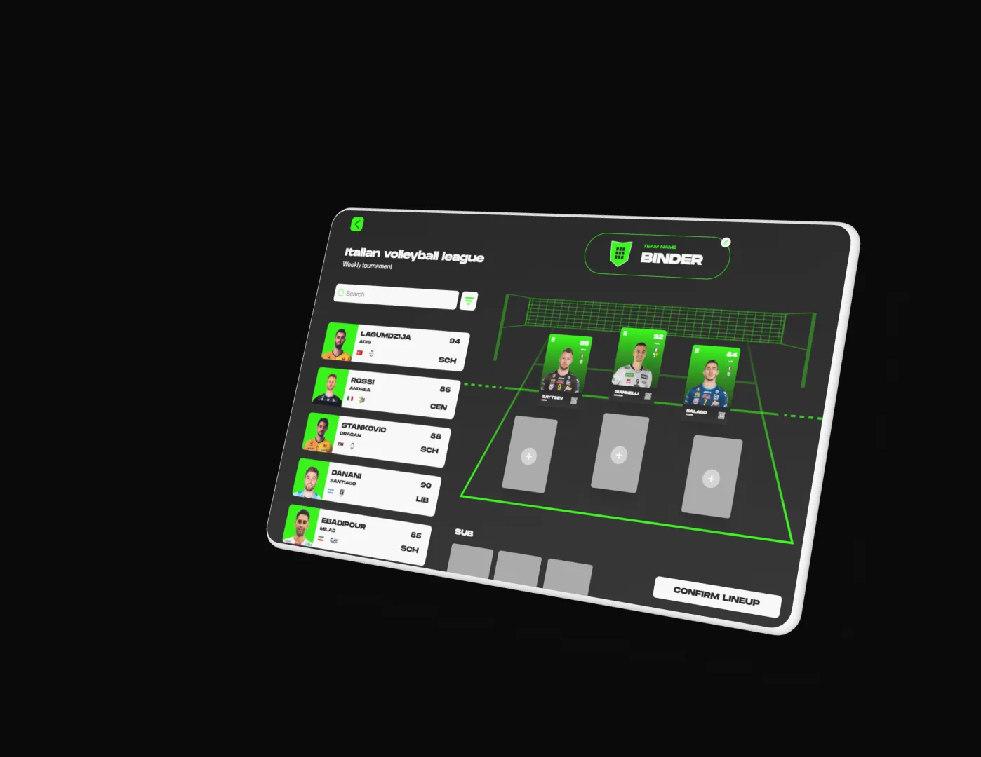 Tablet mock-up of a weekly tournament screen with player cards placed on a volleyball court.