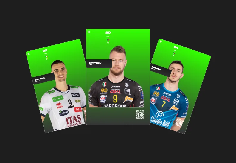 Three volleyball player cards on a green gradient, each with a rating, a role and a QR code.