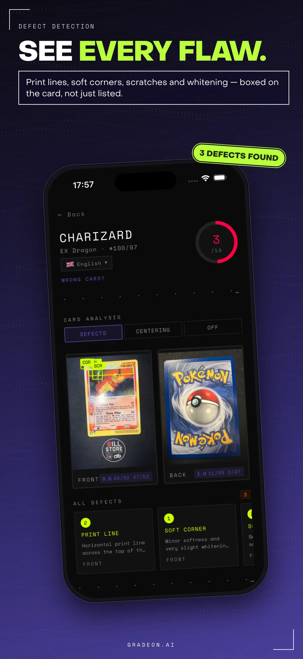 App Store screenshot of the defect view with labelled boxes on the card.
