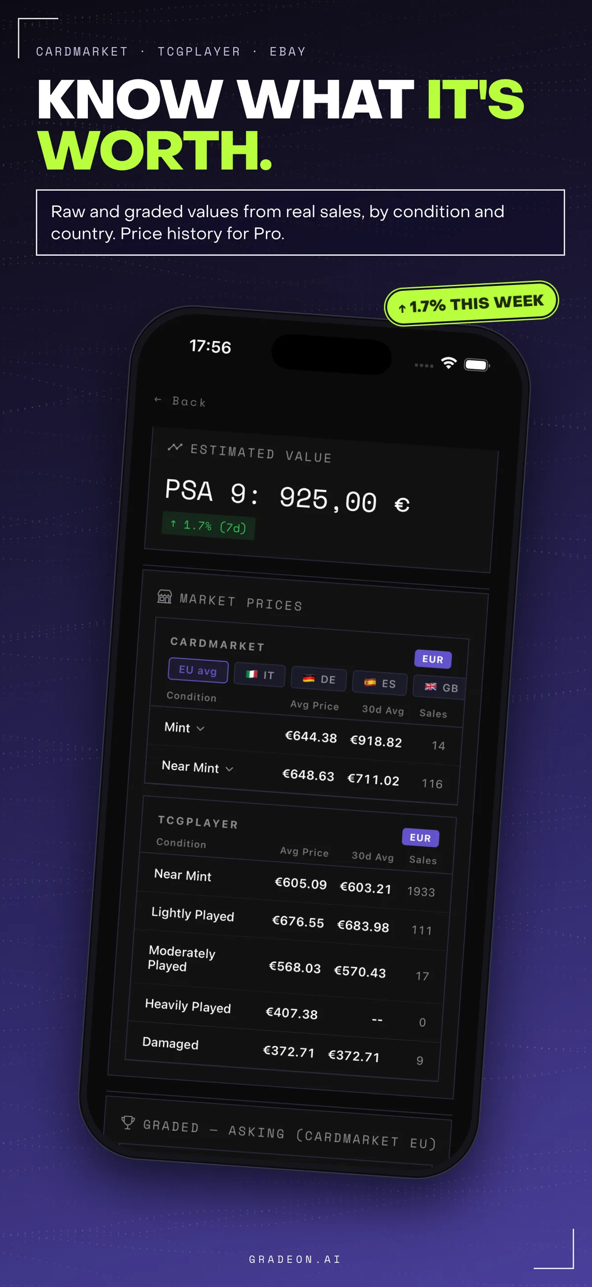 App Store screenshot of market prices by condition, raw and graded.