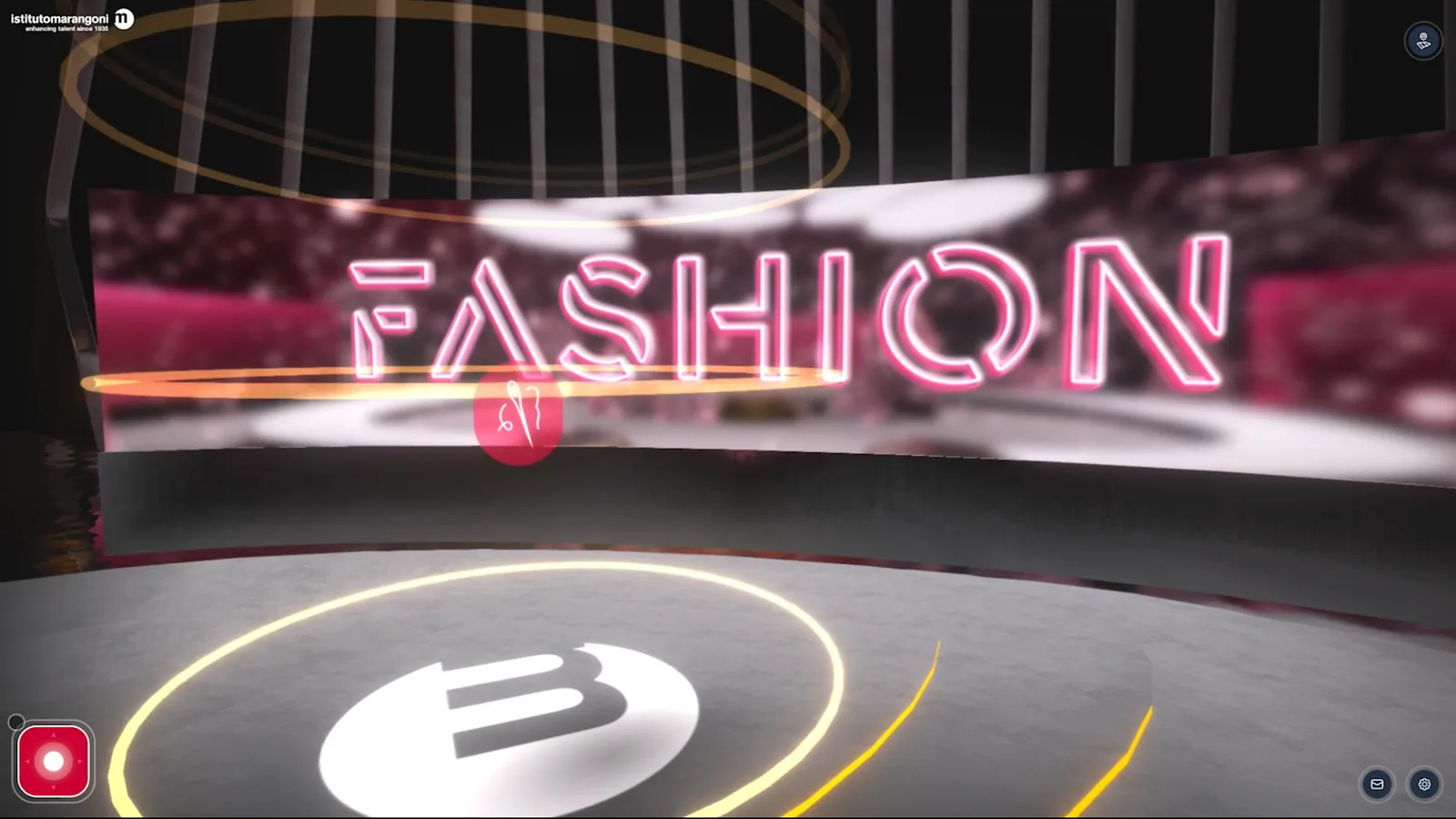 The Talent District hub in the metaverse, with a neon FASHION sign above a circular plaza.