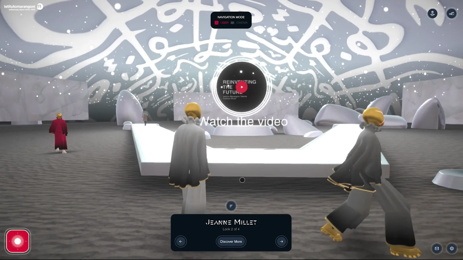 The metaverse pavilion with a live stream tile, a look card naming a student, and a User/Cinema navigation toggle.