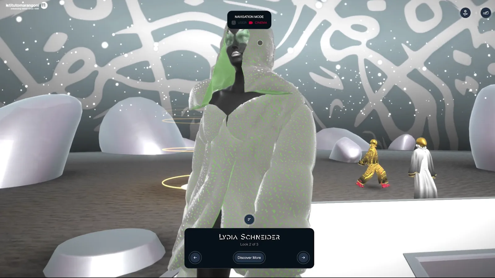 An avatar wearing a student's look in close-up, with a card giving the designer's name and look number.
