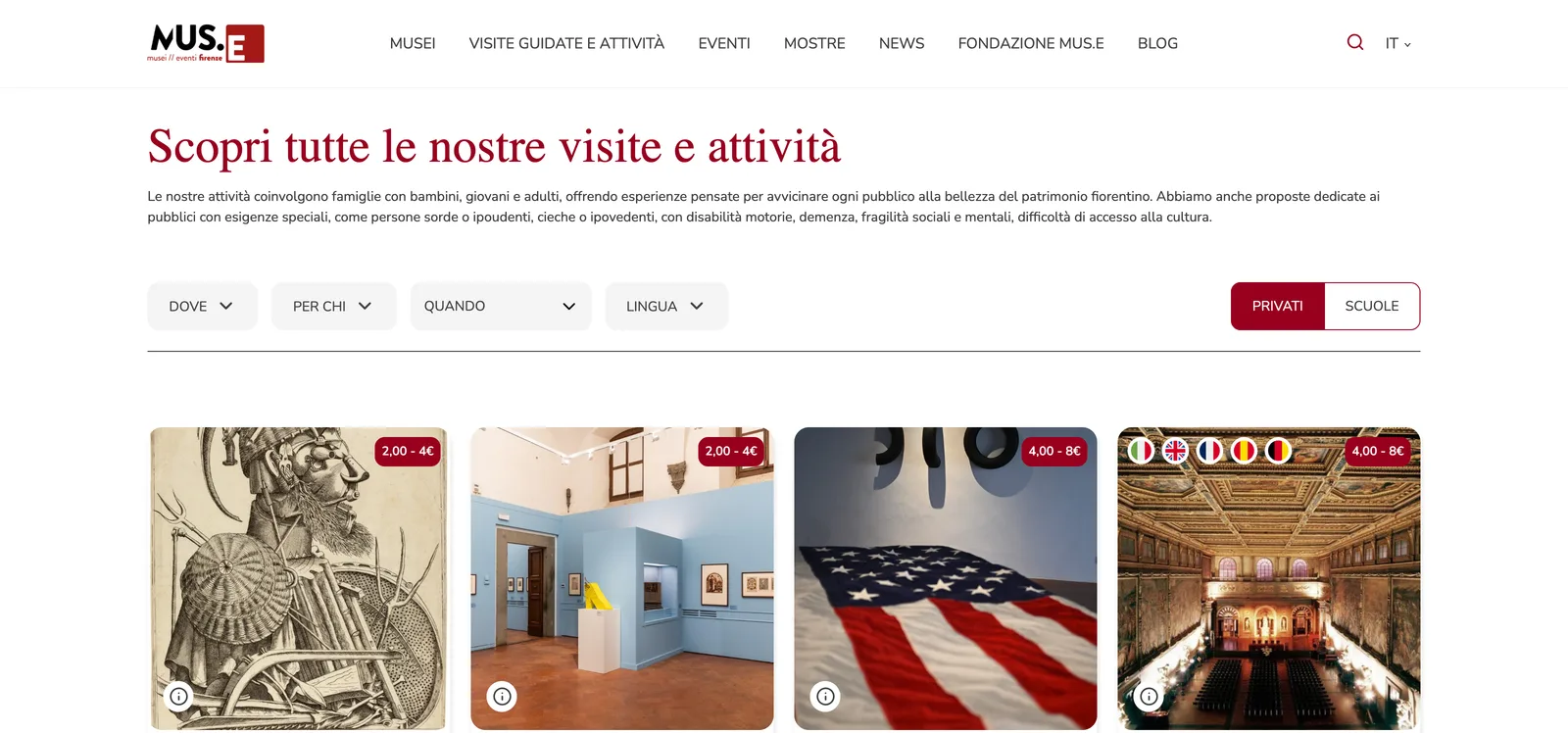 Guided tours listing with four filter dropdowns (Dove, Per chi, Quando, Lingua), a Privati / Scuole toggle, and cards showing a price range and language flags.