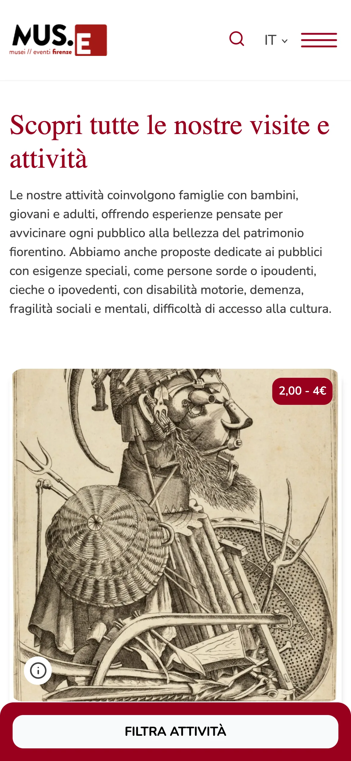 The same tours listing at 390px: the four dropdowns are replaced by a sticky red 'Filtra attività' bar pinned to the bottom of the screen.