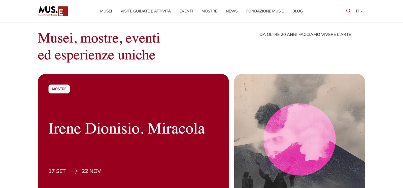 MUS.E home page at 1440px: red wordmark, seven nav items, the headline 'Musei, mostre, eventi ed esperienze uniche' and a dated exhibition card.