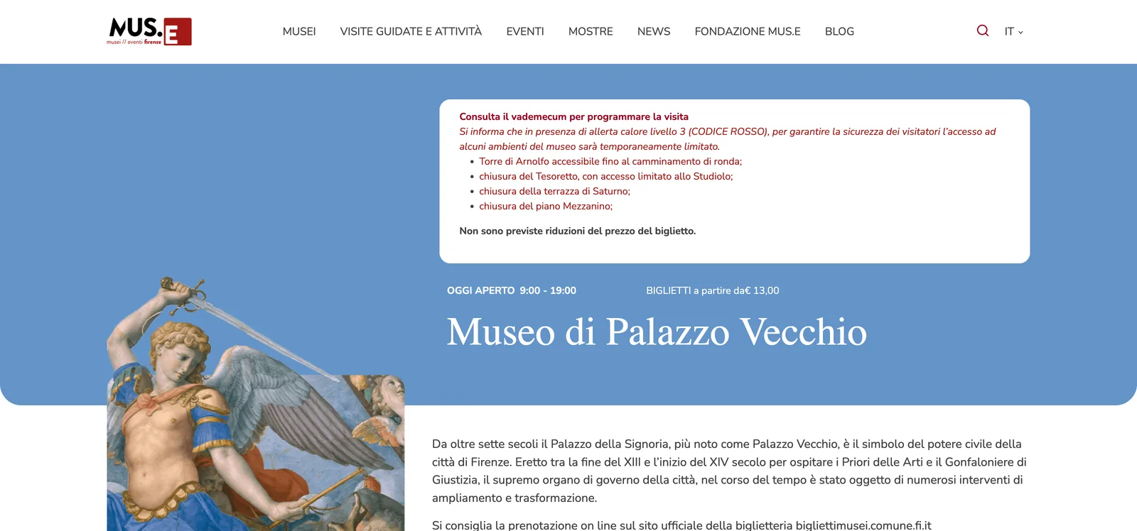 Palazzo Vecchio museum page: blue banner, a service notice, then 'OGGI APERTO 9:00 - 19:00' and 'BIGLIETTI a partire da 13,00 euro' above the title.