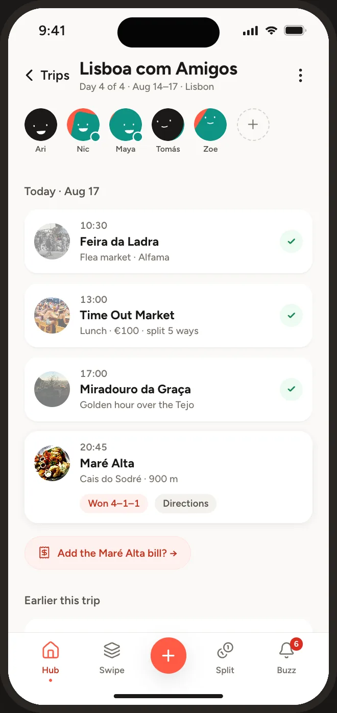 Trip plan after the poll closes, showing Maré Alta at 20:45 and a prompt to add the bill.