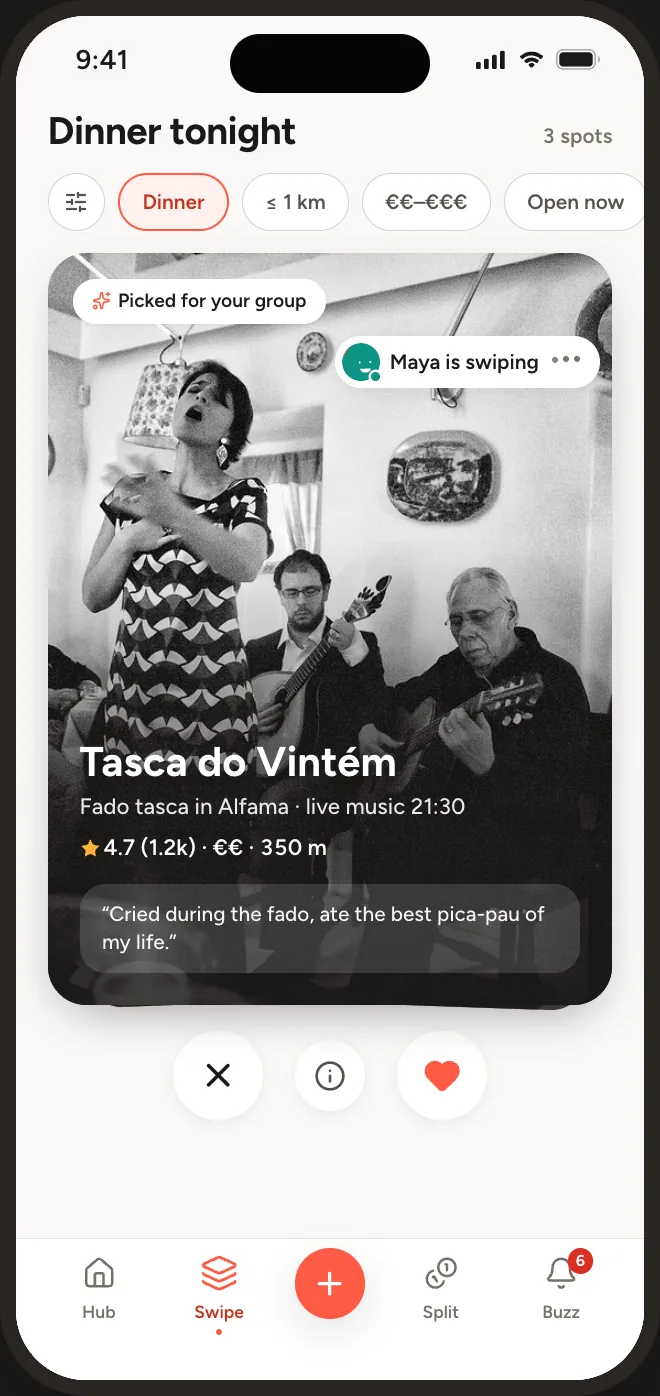 Swipe deck card for Tasca do Vintém with pass, details and into-it buttons.