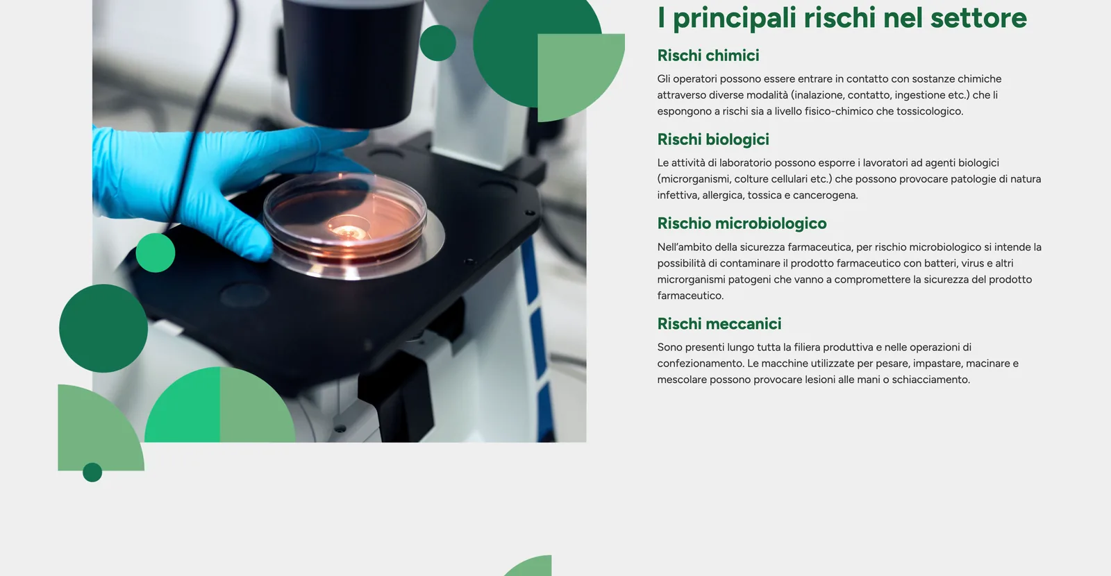 Pharmaceutical sector page listing chemical, biological, microbiological and mechanical risks beside a laboratory photo.
